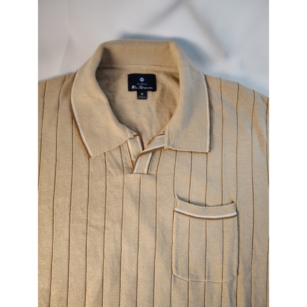 Ben Sherman Mens Tan Ribbed Knit Short Sleeve Polo Shirt V-Neck Size M Striped - Picture 2 of 9